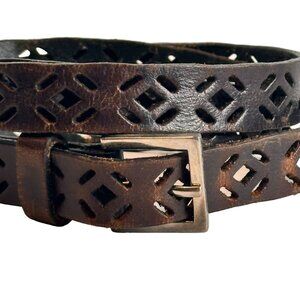 Vintage Brown Leather Belt With Cut-Out Design & Metal Buckle 42in long